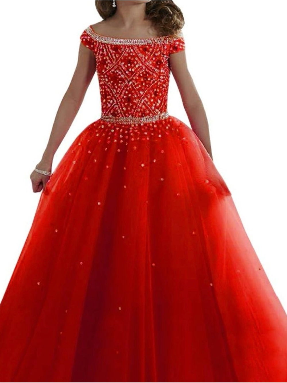 Girls Red Sequin Pageant Ball Gown Off-Shoulder Formal Princess Dress size 10